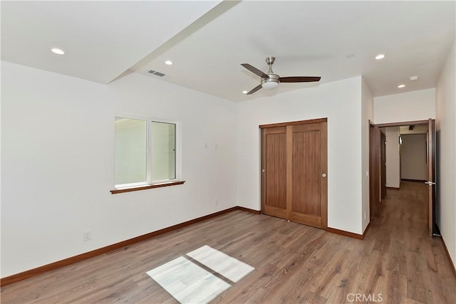 1285 N State Highway 173, Lake Arrowhead, CA 92352 - unfurnished bedroom featuring light wood-type flooring, baseboards, a closet, recessed lighting, and ceiling fan