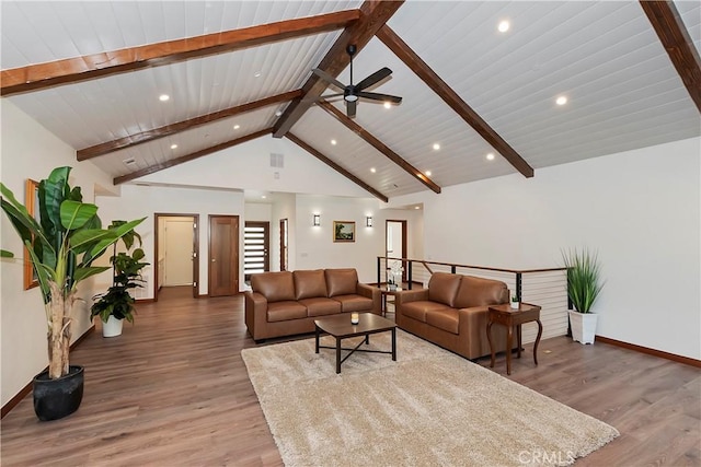 living room featuring wood ceiling, ceiling fan, hardwood / wood-style flooring, high vaulted ceiling, and beamed ceiling