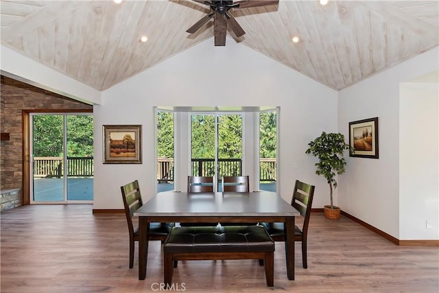 dining room with plenty of natural light, wooden ceiling, and wood-type flooring