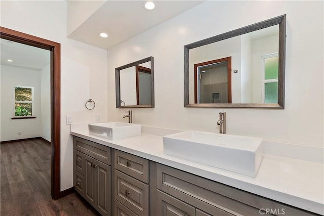 1285 N State Highway 173, Lake Arrowhead, CA 92352 - full bathroom with double vanity, wood finished floors, recessed lighting, and baseboards