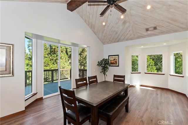 1285 N State Highway 173, Lake Arrowhead, CA 92352 - dining area featuring ceiling fan, high vaulted ceiling, wood finished floors, recessed lighting, and baseboards
