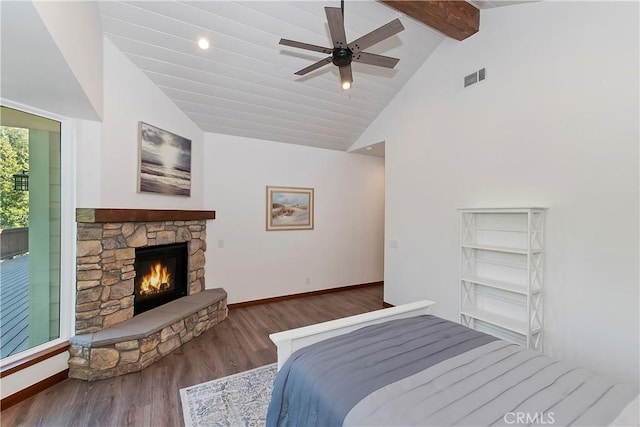 1285 N State Highway 173, Lake Arrowhead, CA 92352 - bedroom with wood finished floors, beam ceiling, high vaulted ceiling, a fireplace, and baseboards
