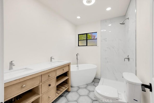 full bathroom with toilet, vanity, tile patterned floors, and plus walk in shower