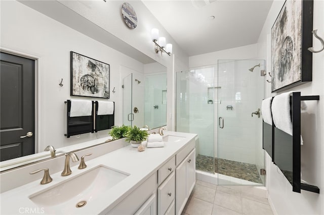 bathroom with vanity, tile patterned floors, and an enclosed shower