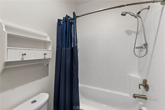 bathroom with shower / bath combination with curtain and toilet