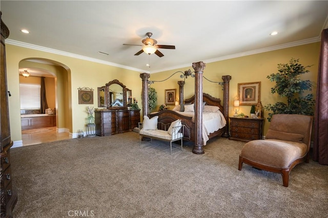 bedroom featuring carpet flooring, ceiling fan, and crown molding