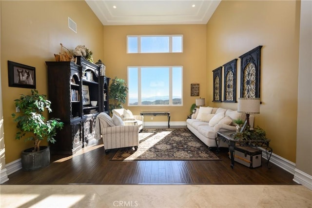 living room featuring wood-type flooring and a high ceiling