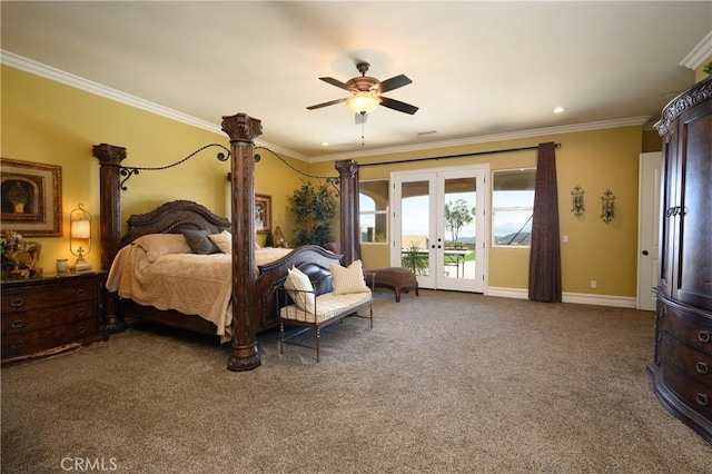 bedroom with carpet, access to outside, french doors, ceiling fan, and ornamental molding