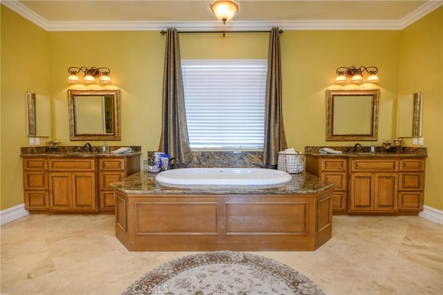 bathroom featuring a tub to relax in, crown molding, and vanity