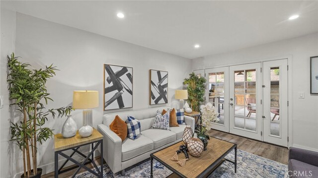15757 Creswick Dr, La Mirada, CA 90638 - living area featuring french doors, wood finished floors, and recessed lighting