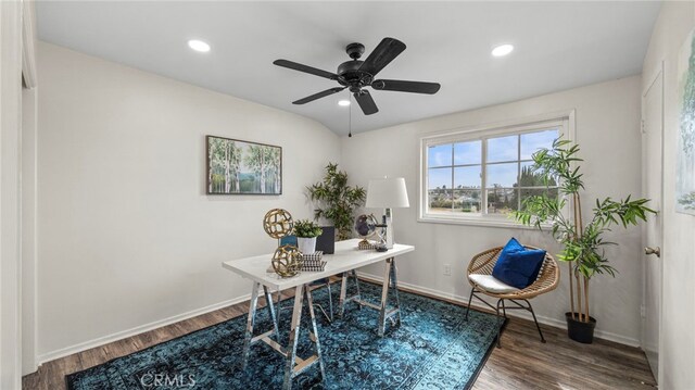 15757 Creswick Dr, La Mirada, CA 90638 - office area featuring wood finished floors, baseboards, recessed lighting, and ceiling fan
