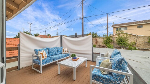 15757 Creswick Dr, La Mirada, CA 90638 - wooden terrace featuring an outdoor hangout area and a fenced backyard