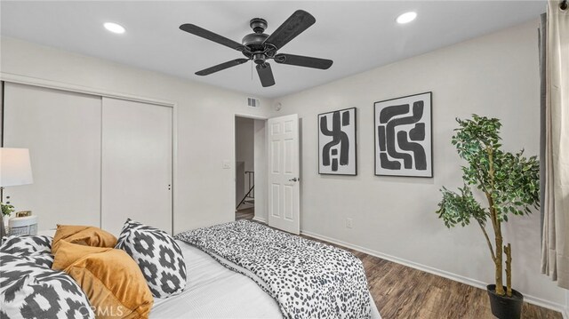 15757 Creswick Dr, La Mirada, CA 90638 - bedroom with a closet, recessed lighting, baseboards, wood finished floors, and ceiling fan
