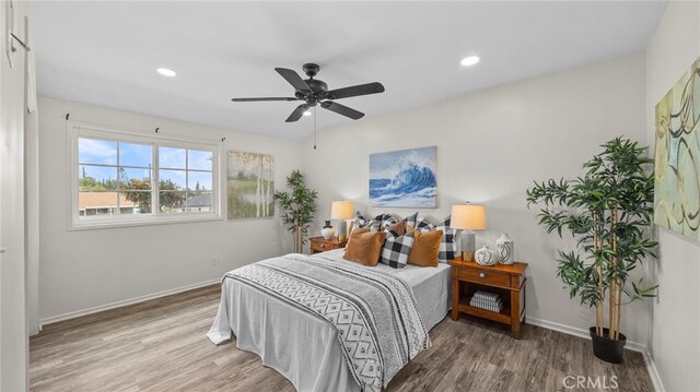 15757 Creswick Dr, La Mirada, CA 90638 - bedroom with wood finished floors, baseboards, recessed lighting, and a ceiling fan
