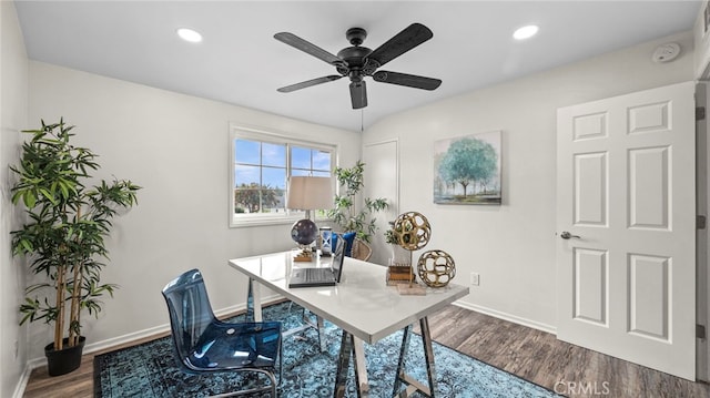 office space featuring hardwood / wood-style flooring and ceiling fan