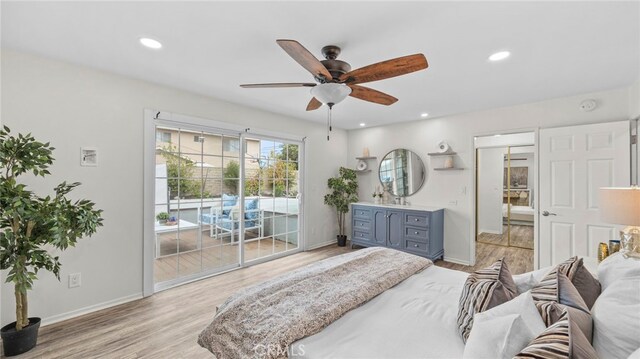 15757 Creswick Dr, La Mirada, CA 90638 - bedroom with access to outside, light wood-style flooring, baseboards, recessed lighting, and ceiling fan