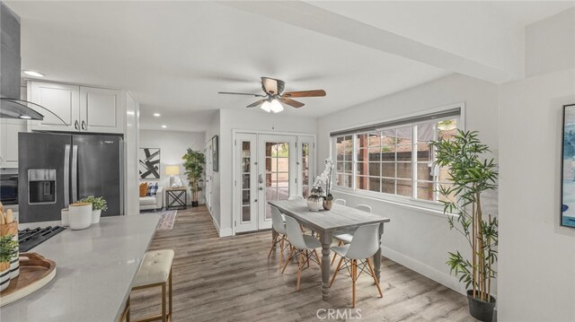 15757 Creswick Dr, La Mirada, CA 90638 - dining space featuring wood finished floors, baseboards, ceiling fan, recessed lighting, and french doors