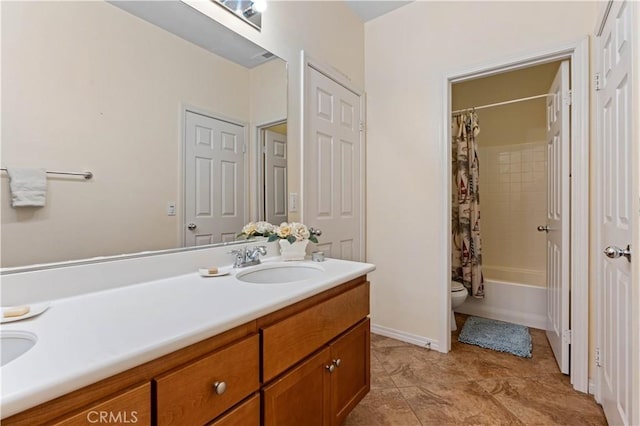 full bathroom featuring tile patterned floors, vanity, toilet, and shower / bathtub combination with curtain