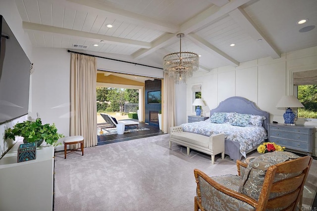 bedroom featuring carpet flooring, lofted ceiling with beams, and a notable chandelier