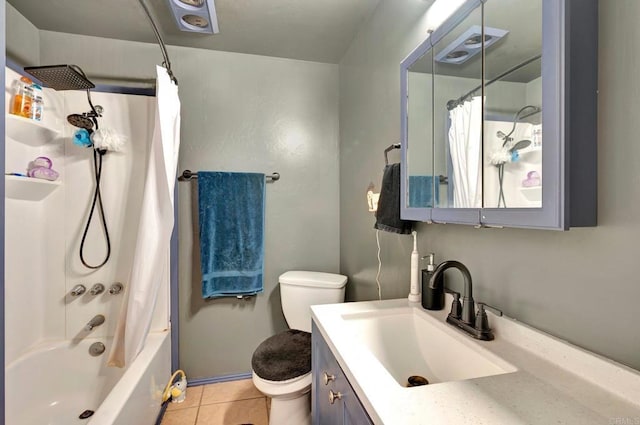 full bathroom with tile patterned flooring, vanity, toilet, and shower / bathtub combination with curtain