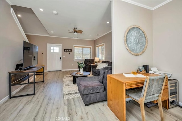 15425 Graham St, Middletown, CA 95461 - living area with light wood-style flooring, ornamental molding, baseboards, and a ceiling fan