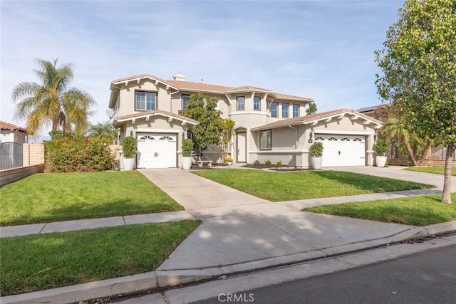 mediterranean / spanish-style home with a front lawn and a garage