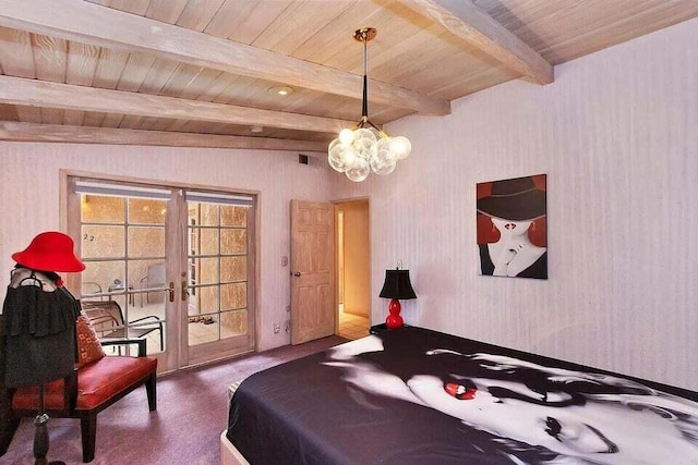 bedroom featuring french doors, beam ceiling, wooden ceiling, carpet floors, and a chandelier