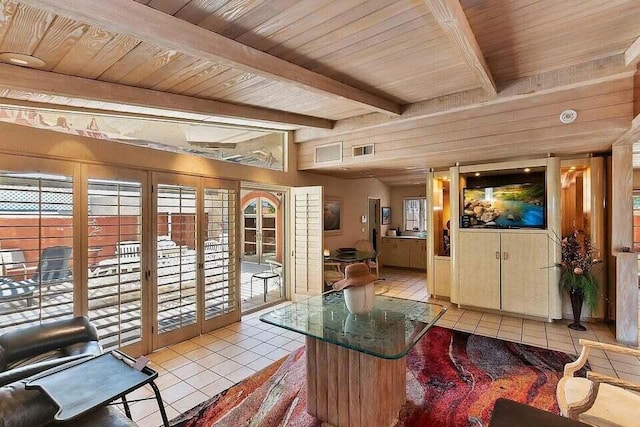 tiled living room with beamed ceiling and wood ceiling