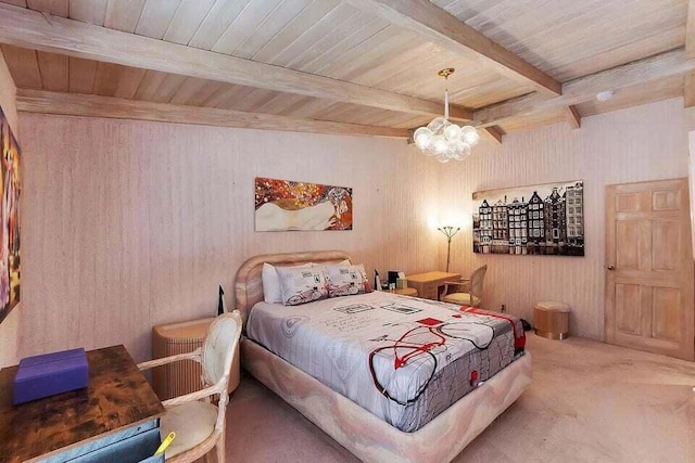 carpeted bedroom with ceiling fan with notable chandelier, beam ceiling, and wood ceiling