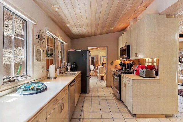 kitchen featuring lofted ceiling, wooden ceiling, sink, stainless steel appliances, and light tile patterned flooring