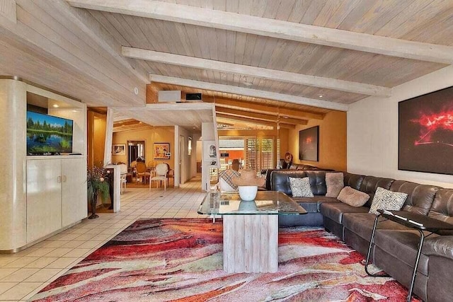 living room with wooden ceiling, light tile patterned floors, wood walls, and vaulted ceiling with beams