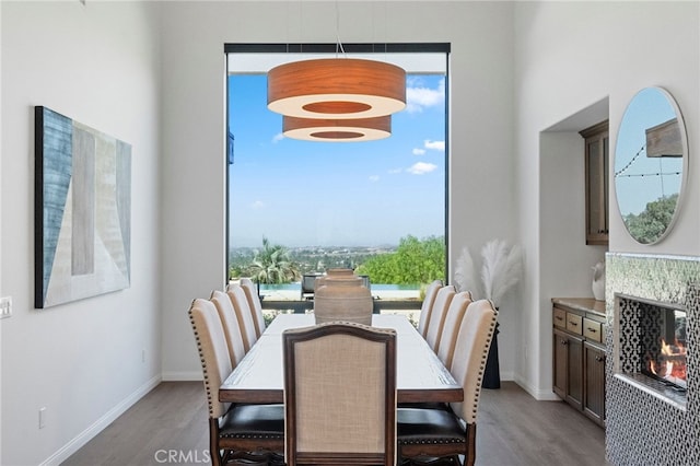 dining area with a high end fireplace, light wood-type flooring, and plenty of natural light