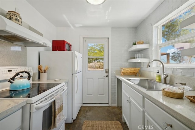 kitchen featuring white cabinets, backsplash, sink, and white appliances