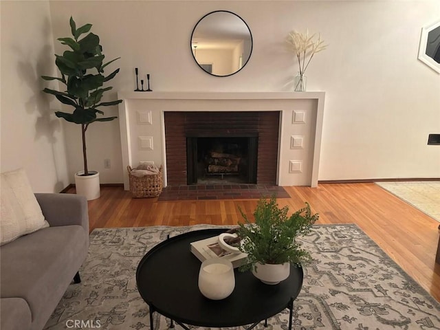 living room featuring a fireplace and wood-type flooring