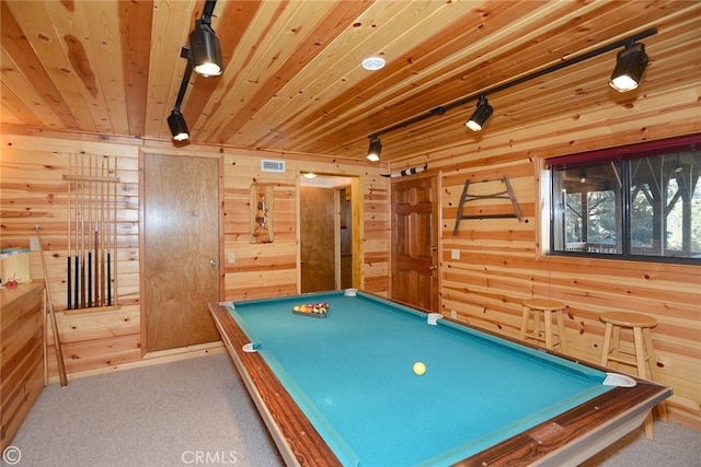 recreation room featuring pool table, wooden ceiling, carpet floors, and wooden walls