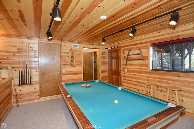 2428 Innsbruck Ct, Pine Mountain Club, CA 93222 - recreation room with rail lighting, wood walls, billiards, carpet flooring, and wooden ceiling