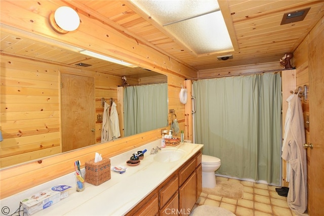 bathroom featuring toilet, wooden ceiling, wooden walls, and vanity