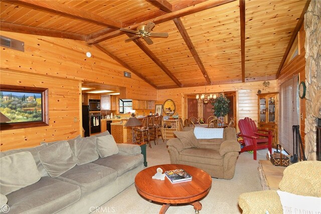 2428 Innsbruck Ct, Pine Mountain Club, CA 93222 - living area with wood walls, carpet, wood ceiling, a chandelier, and a ceiling fan