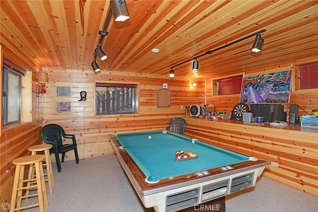 playroom with carpet flooring, wood ceiling, rail lighting, wooden walls, and billiards