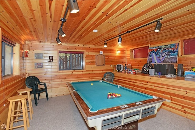 2428 Innsbruck Ct, Pine Mountain Club, CA 93222 - playroom featuring track lighting, carpet flooring, wood walls, and billiards