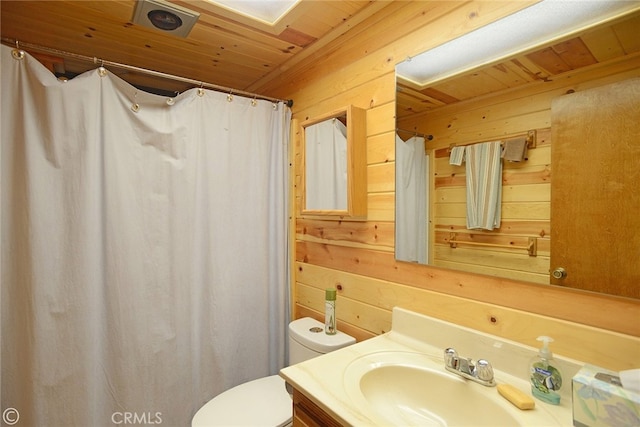 2428 Innsbruck Ct, Pine Mountain Club, CA 93222 - full bathroom featuring wooden walls, wood ceiling, vanity, and a shower with shower curtain