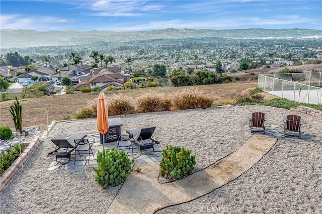 view of patio with a mountain view