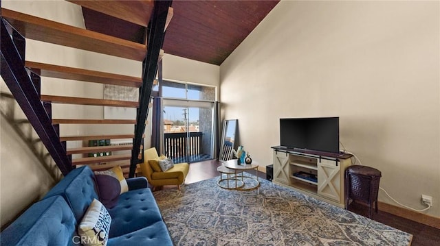 living room featuring hardwood / wood-style flooring, wooden ceiling, and high vaulted ceiling