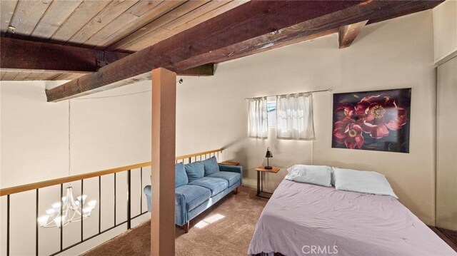 carpeted bedroom with beamed ceiling, wooden ceiling, and a notable chandelier