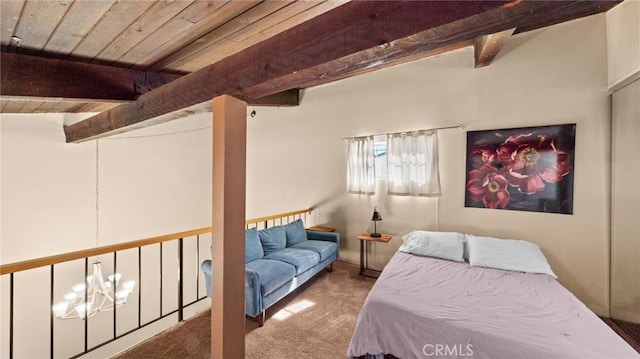 carpeted bedroom featuring a notable chandelier, wooden ceiling, and beamed ceiling