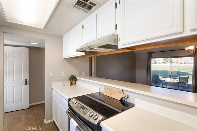 kitchen featuring wood-type flooring, ventilation hood, white cabinetry, and electric stove