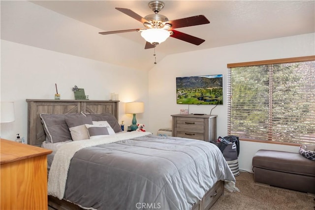 bedroom featuring carpet flooring, ceiling fan, and lofted ceiling