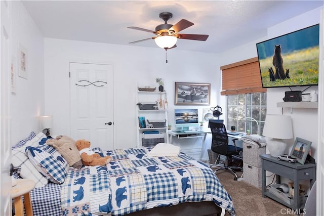 carpeted bedroom with ceiling fan