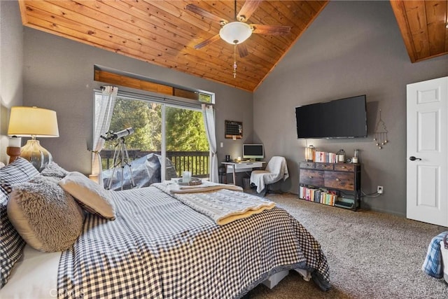 bedroom with ceiling fan, lofted ceiling, carpet floors, and wooden ceiling