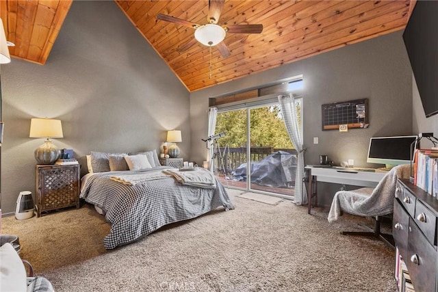 carpeted bedroom with high vaulted ceiling, ceiling fan, wooden ceiling, and access to outside